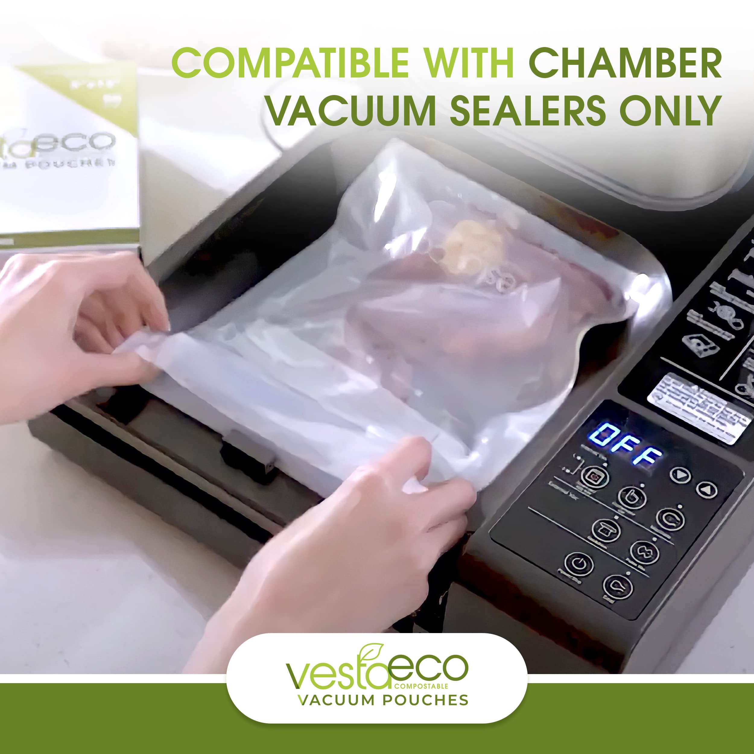 VestaEco Chamber Machine Vacuum Pouches - Certified Commercially Compostable - Flat and Clear Vacuum Sealer Bags - Great for Food Storage and Sous Vide - 8 x 12 inches - 50 Vacuum Seal Bags Per Box