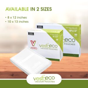 VestaEco Chamber Machine Vacuum Pouches - Certified Commercially Compostable - Flat and Clear Vacuum Sealer Bags - Great for Food Storage and Sous Vide - 8 x 12 inches - 50 Vacuum Seal Bags Per Box