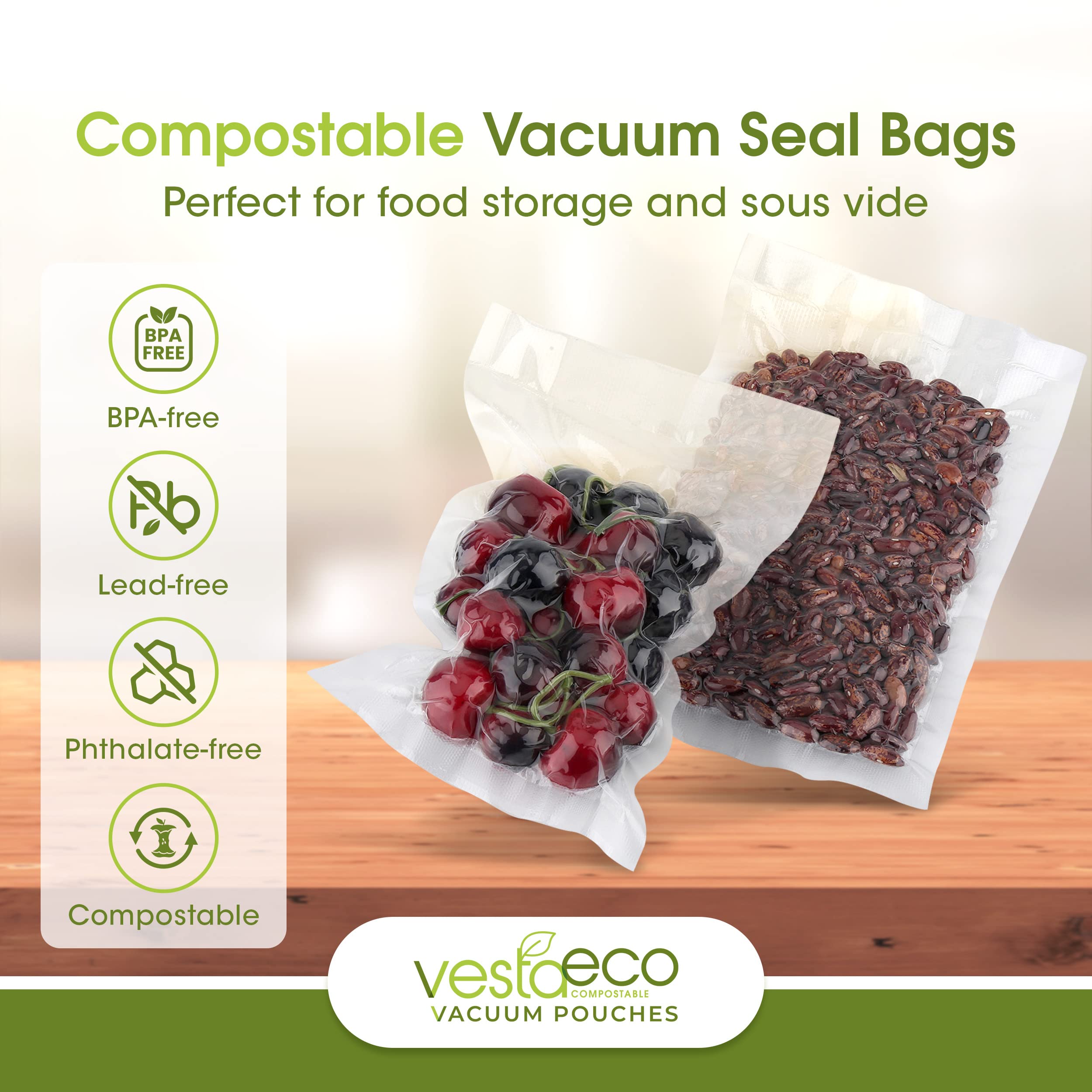 VestaEco Chamber Machine Vacuum Pouches - Certified Commercially Compostable - Flat and Clear Vacuum Sealer Bags - Great for Food Storage and Sous Vide - 8 x 12 inches - 50 Vacuum Seal Bags Per Box