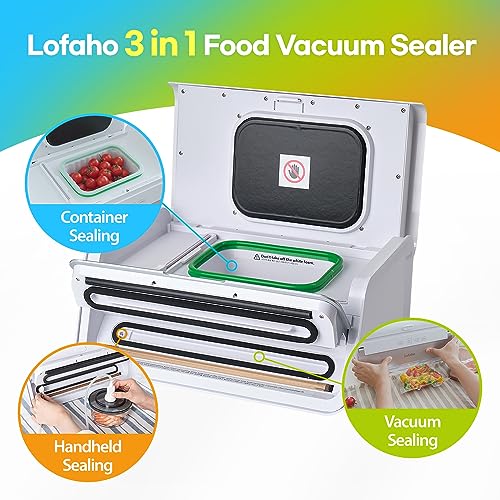 Lofaho 3-in-1 Magic Vacuum Sealer Machine for Food Storage Air-Top & Hose Handheld Vacuum Sealer Include 5 Sealing Bags, 10 Containers (55mm and 75mm Sizes x 5ea/each), Top Film (1ea), EPL Film (1ea)