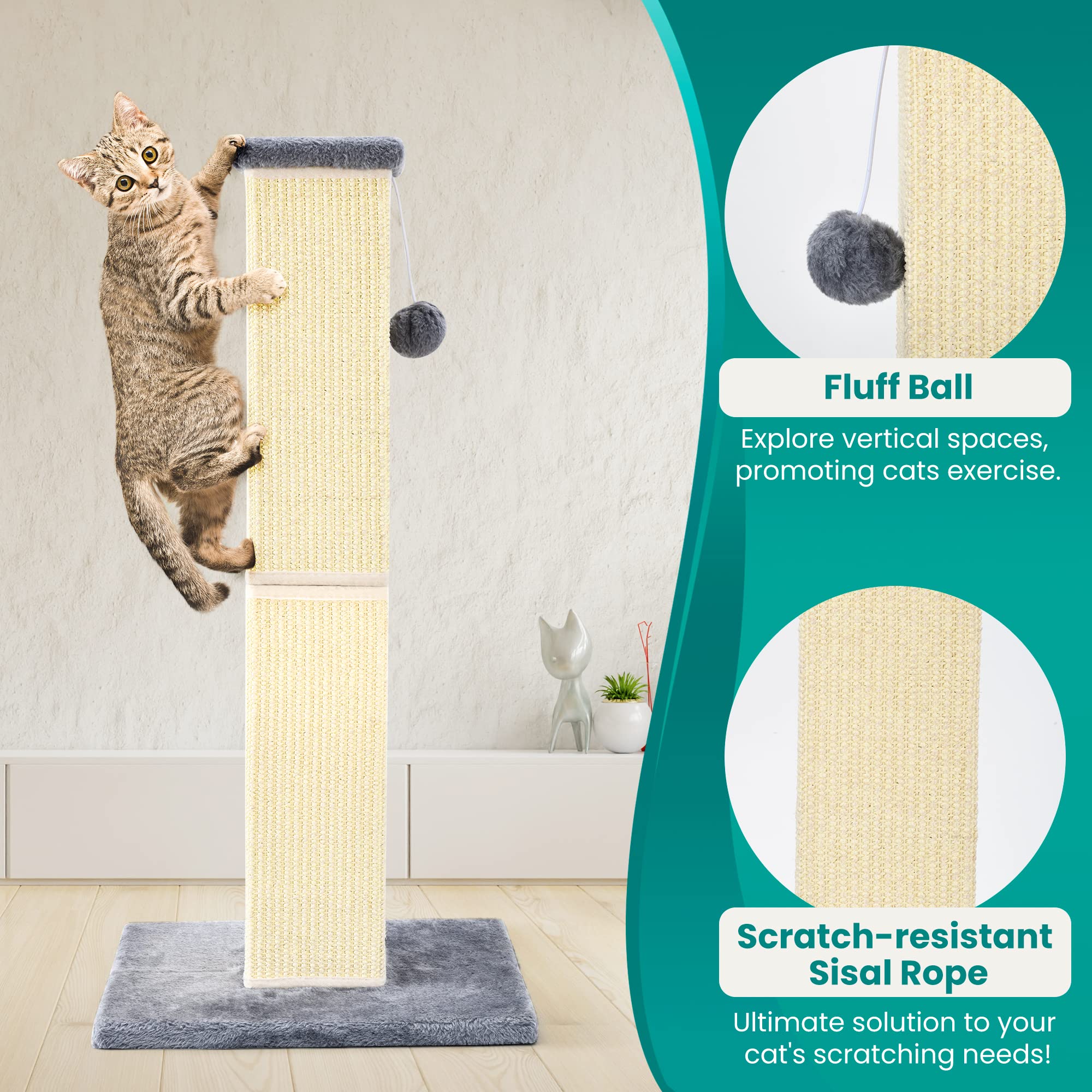 YULOYI Cat Scratching Post 32 Inch for Indoor Large Cats and Kitten, Nature Sisal Tall Cat Scratch Post, Sisal Cat Scratcher Improve Cat's Scratching Habits and Protect Your Furniture, Grey