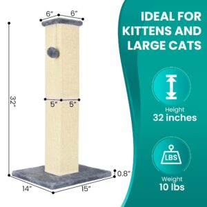 YULOYI Cat Scratching Post 32 Inch for Indoor Large Cats and Kitten, Nature Sisal Tall Cat Scratch Post, Sisal Cat Scratcher Improve Cat's Scratching Habits and Protect Your Furniture, Grey