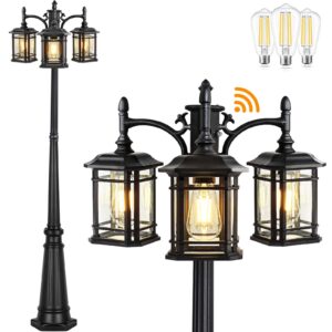 partphoner dusk to dawn outdoor lamp post lights, black light pole with clear glass panels (3 led bulbs included), 3-head hardwired waterproof outside street lights for backyard garden driveway