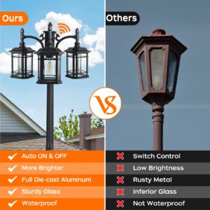 PARTPHONER Dusk to Dawn Outdoor Lamp Post Lights, Black Light Pole with Clear Glass Panels (3 LED Bulbs Included), 3-Head Hardwired Waterproof Outside Street Lights for Backyard Garden Driveway