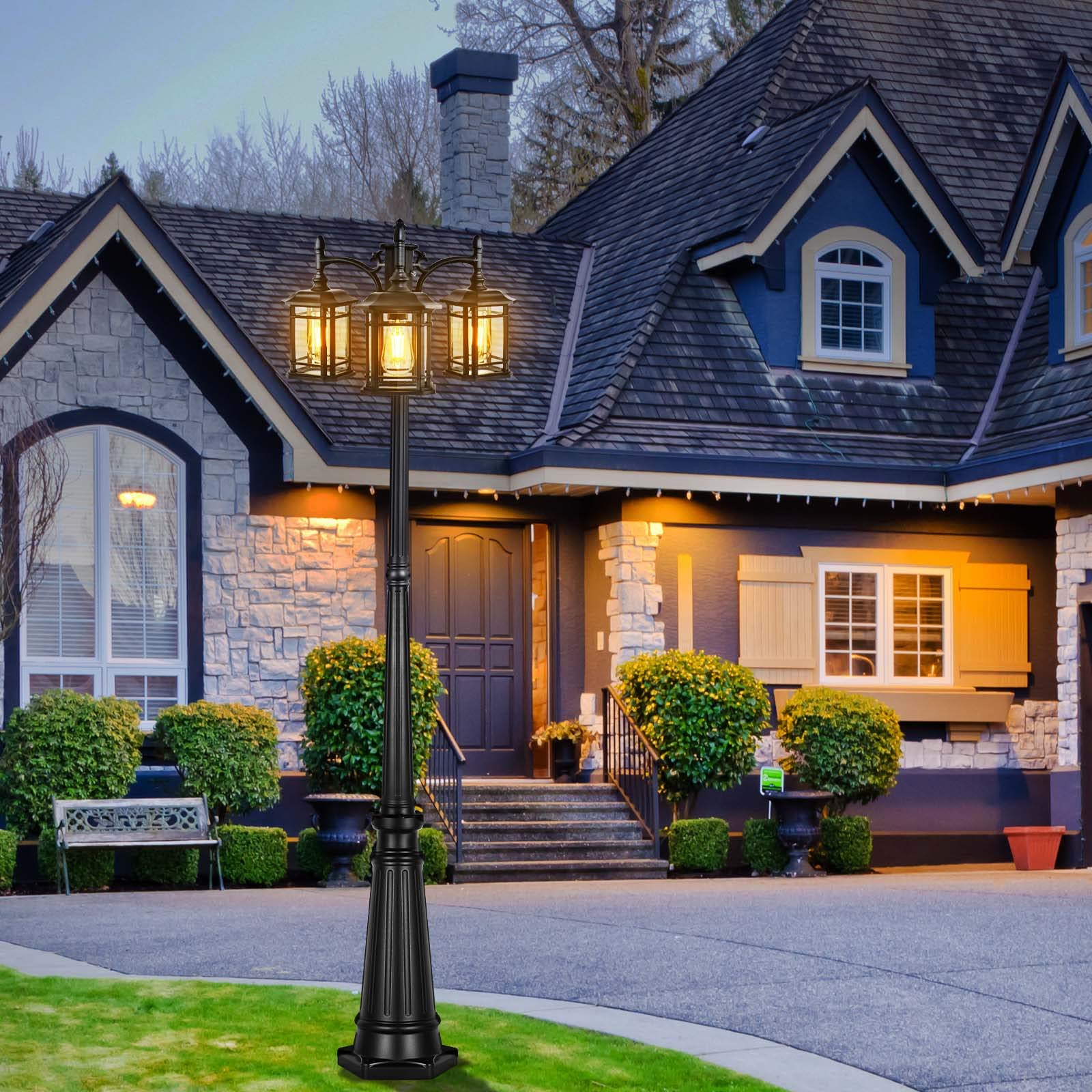 PARTPHONER Dusk to Dawn Outdoor Lamp Post Lights, Black Light Pole with Clear Glass Panels (3 LED Bulbs Included), 3-Head Hardwired Waterproof Outside Street Lights for Backyard Garden Driveway