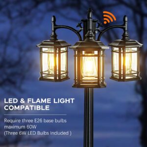 PARTPHONER Dusk to Dawn Outdoor Lamp Post Lights, Black Light Pole with Clear Glass Panels (3 LED Bulbs Included), 3-Head Hardwired Waterproof Outside Street Lights for Backyard Garden Driveway