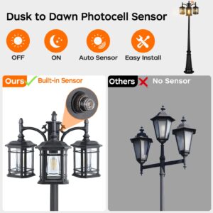 PARTPHONER Dusk to Dawn Outdoor Lamp Post Lights, Black Light Pole with Clear Glass Panels (3 LED Bulbs Included), 3-Head Hardwired Waterproof Outside Street Lights for Backyard Garden Driveway