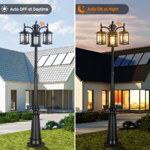 PARTPHONER Dusk to Dawn Outdoor Lamp Post Lights, Black Light Pole with Clear Glass Panels (3 LED Bulbs Included), 3-Head Hardwired Waterproof Outside Street Lights for Backyard Garden Driveway