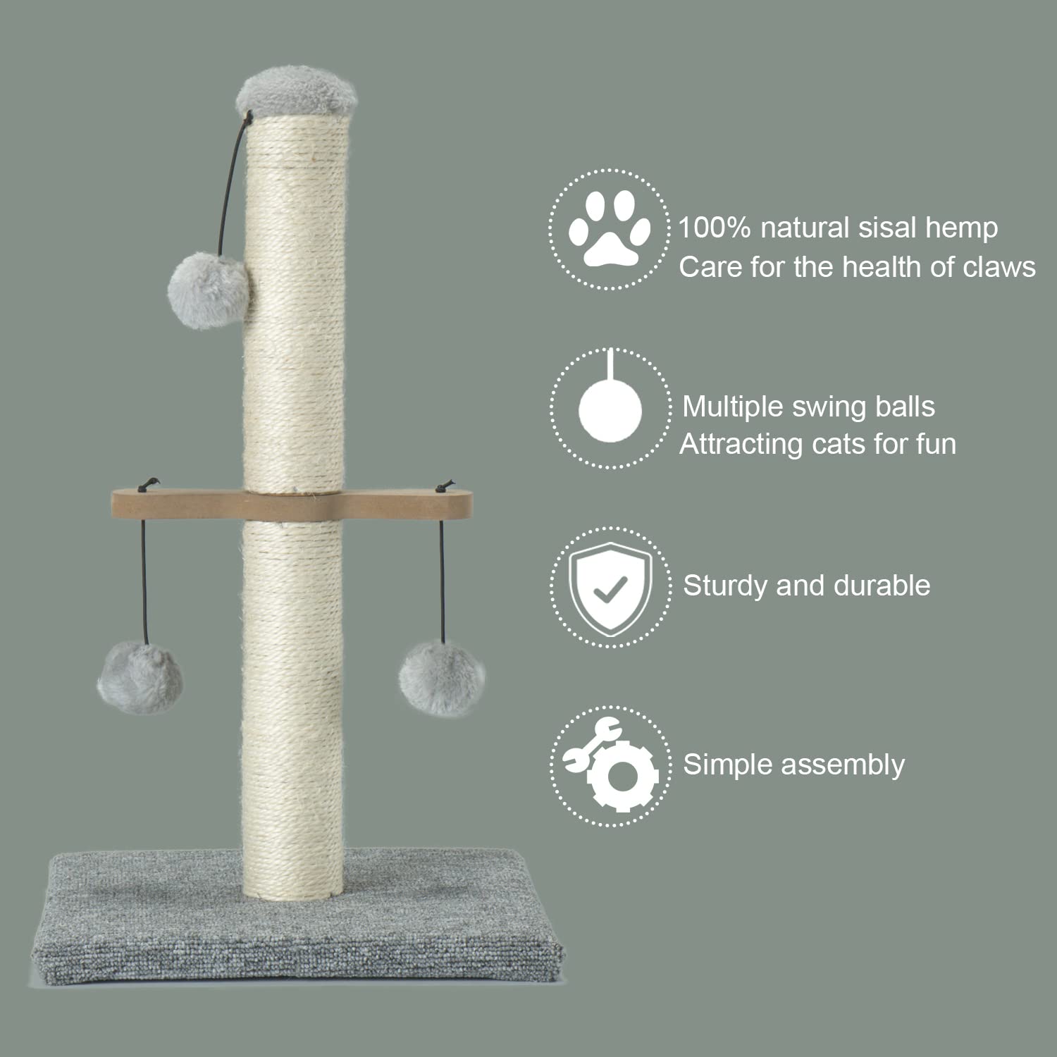 PAWSFANS Cat Scratching Post,Small Scratch Post for Indoor Kittens and Small Size Cats,with Hanging Ball Toys,21inches,Grey