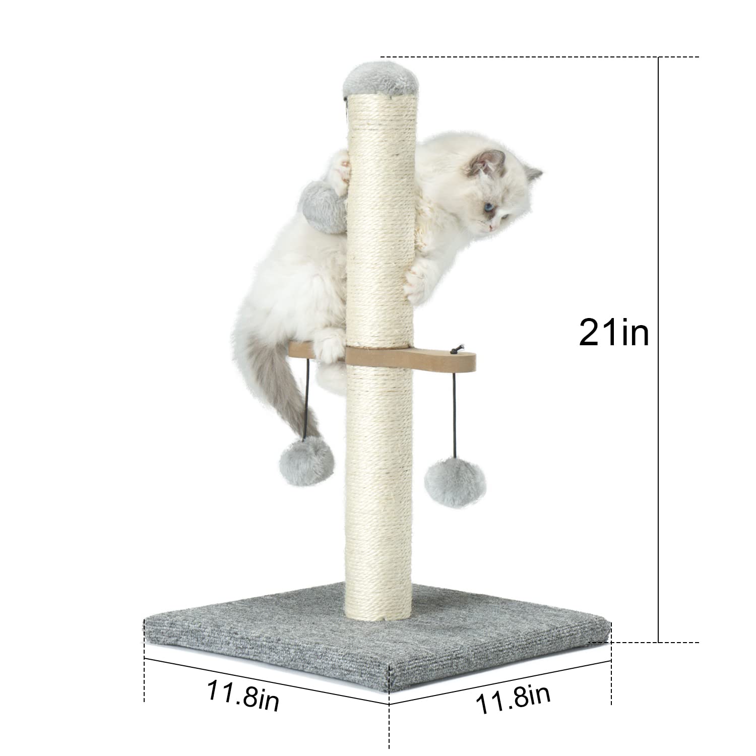 PAWSFANS Cat Scratching Post,Small Scratch Post for Indoor Kittens and Small Size Cats,with Hanging Ball Toys,21inches,Grey