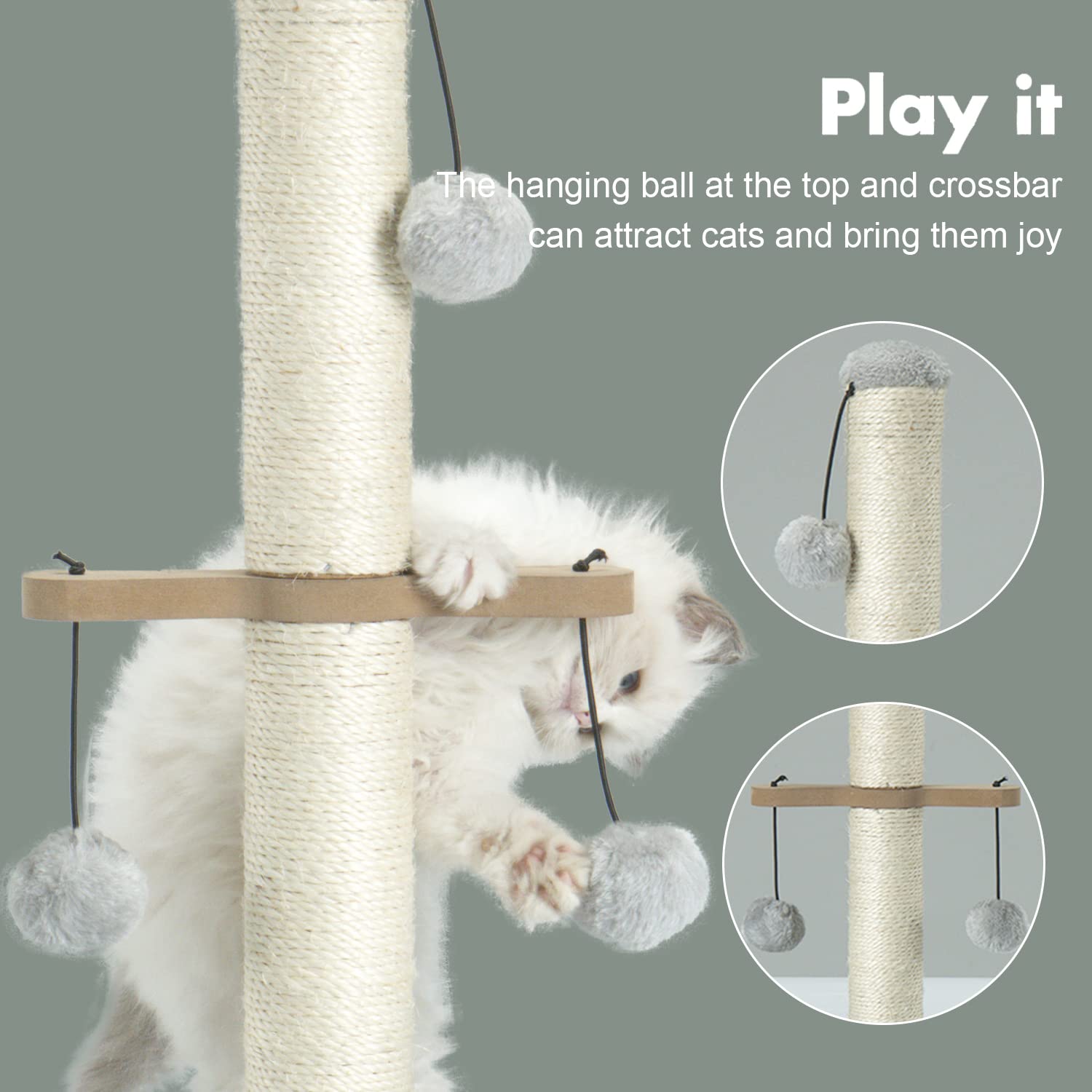 PAWSFANS Cat Scratching Post,Small Scratch Post for Indoor Kittens and Small Size Cats,with Hanging Ball Toys,21inches,Grey