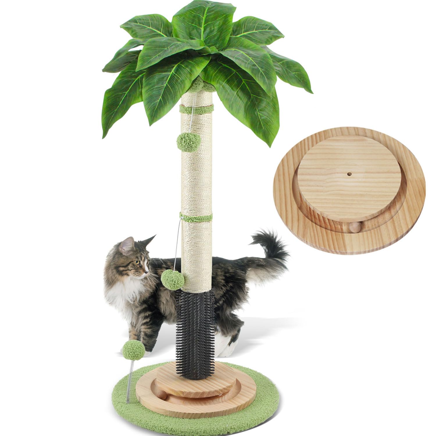 Couner Cat Scratching Post with Solid Wood-39.4'' Tall Cat Scratching Post for Indoor Cats Adults,Cat Scratcher with Sisal Rope,Self Groomer,Interactive Ball Toys for All Type of Cats