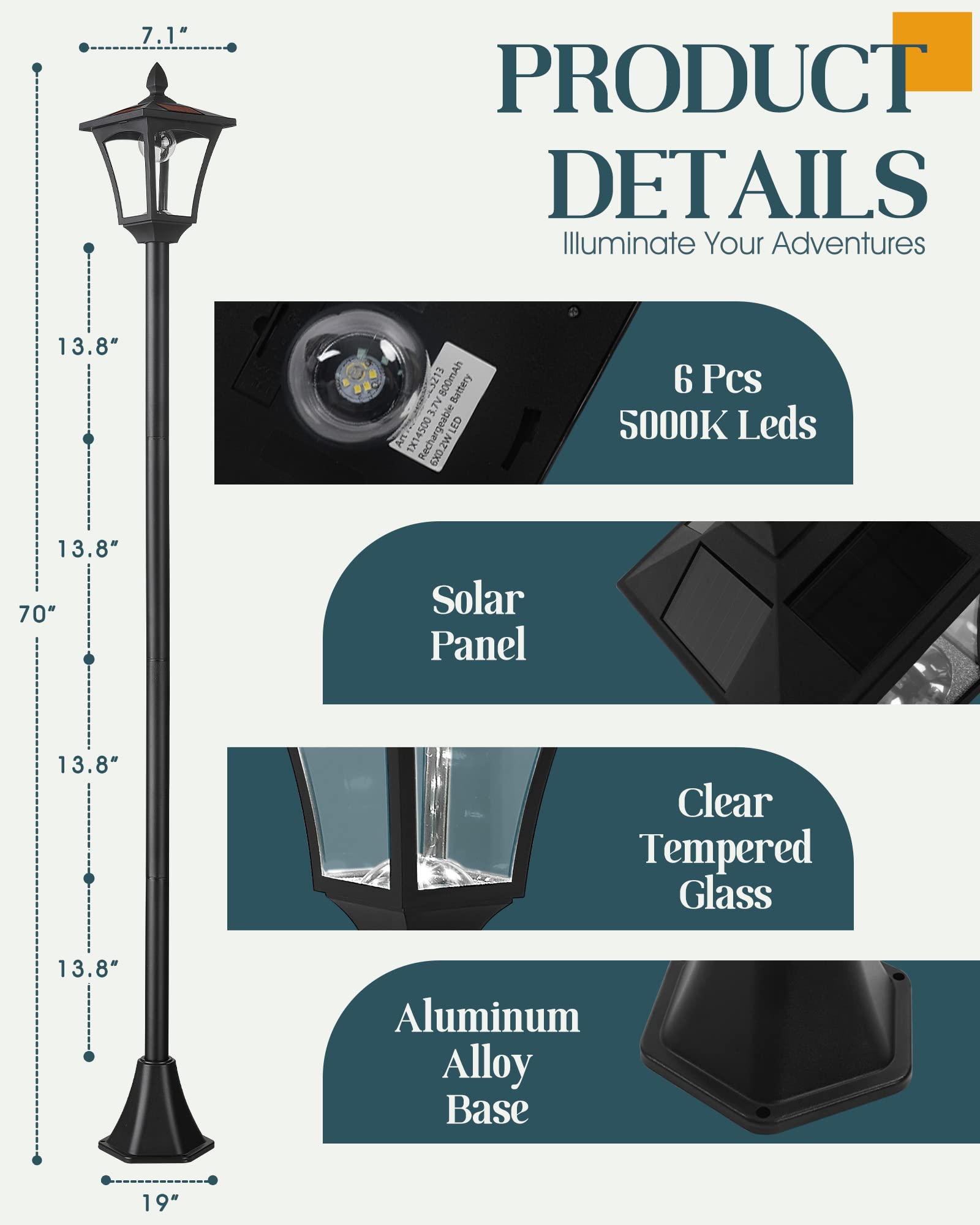 Seovix 70" Solar Lamp Post Lights Outdoor Waterproof IP65, Solar Lamp Posts Outdoor Lighting, LED Solar Pole Light for Garden, Lawn, Pathway, Driveway, 1-842-108