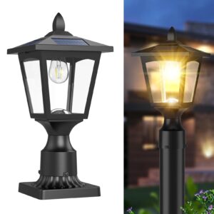 solar post lights, 3000k dusk to dawn solar lamp post light with pier mount base, solar post lights outdoor waterproof for garden yard landscape pole pillar, outside decorative lamp(warm white)