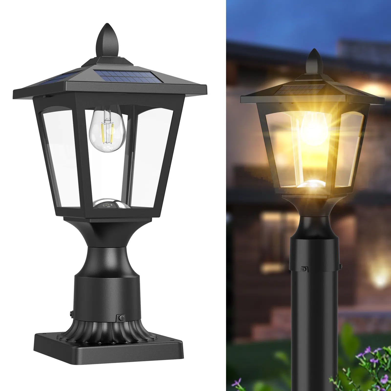 Solar Post Lights, 3000K Dusk to Dawn Solar Lamp Post Light with Pier Mount Base, Solar Post Lights Outdoor Waterproof for Garden Yard Landscape Pole Pillar, Outside Decorative Lamp(Warm White)