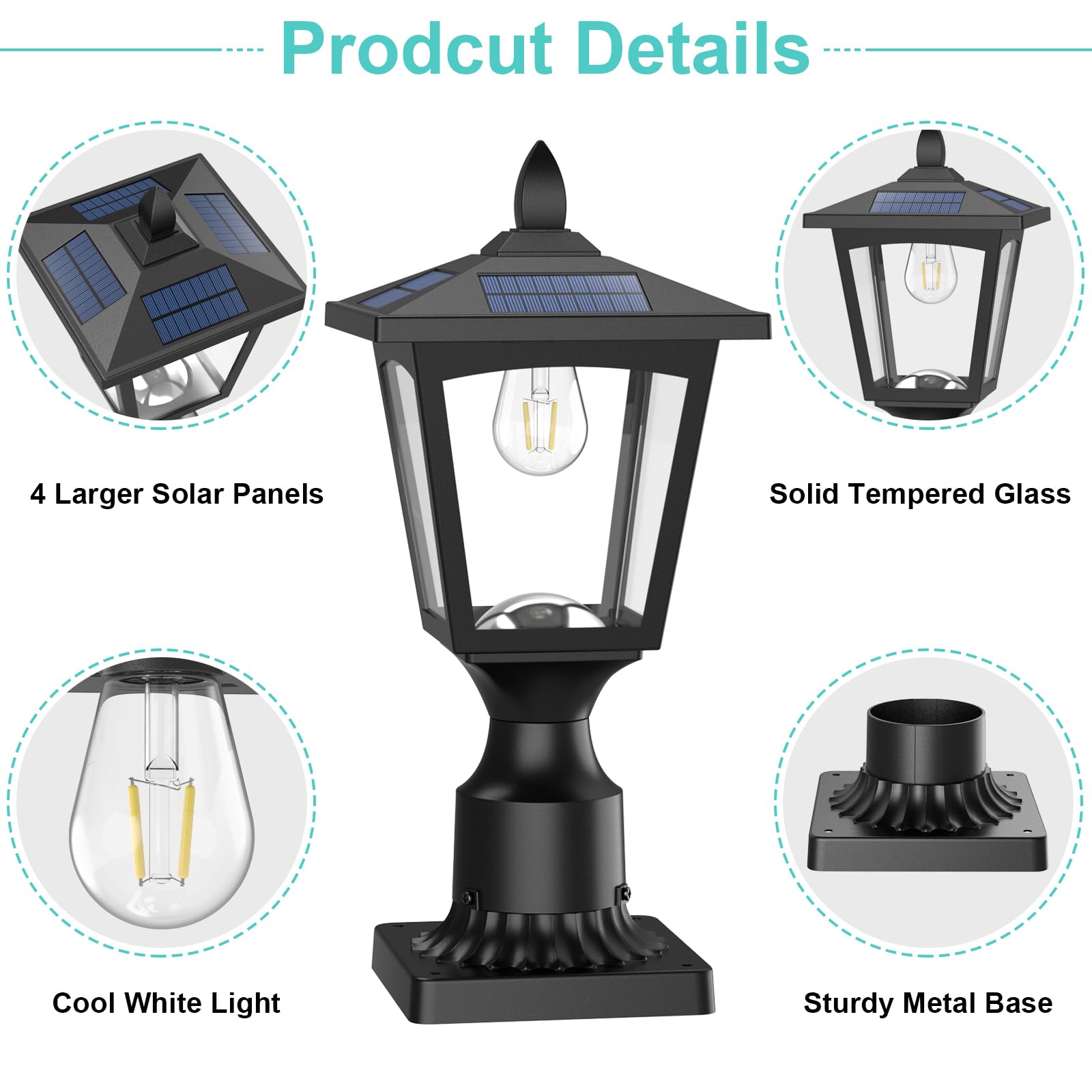 Solar Post Lights, 3000K Dusk to Dawn Solar Lamp Post Light with Pier Mount Base, Solar Post Lights Outdoor Waterproof for Garden Yard Landscape Pole Pillar, Outside Decorative Lamp(Warm White)