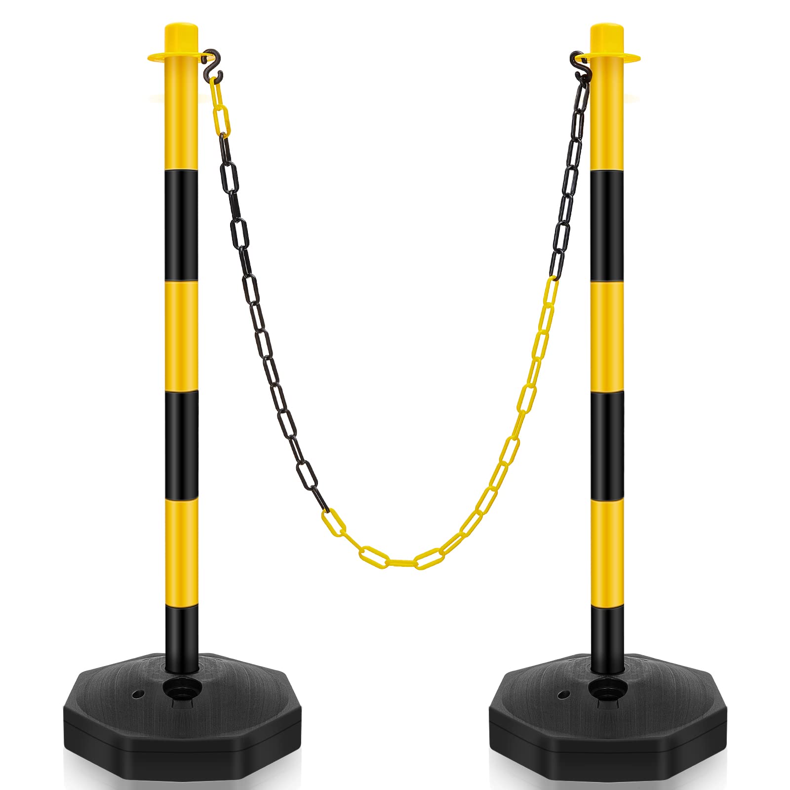 Traffic Delineator Post Cone, Plastic Stanchion Post Set Crowd Control Stands Barrier with 6.6 ft Link Chain and S Hooks for Parking Lot Construction Caution Roads, Yellow, Black (2 Sets)