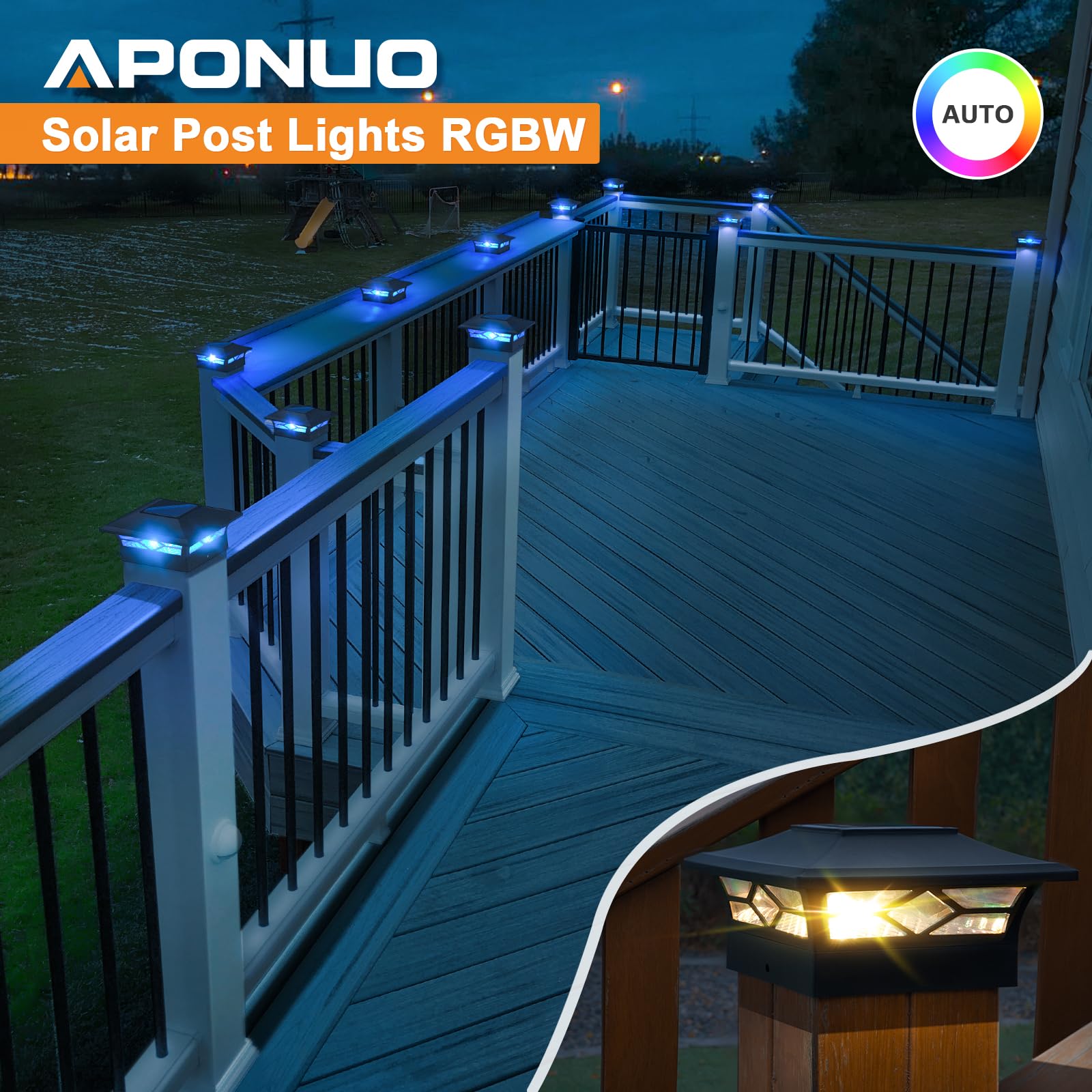 APONUO Solar Post Cap Lights Color Changing,4x4 Post Solar Lights 8 Fixable Colors Deck Post Lights Solar Powered Outdoor for Fence Deck Post Caps 4x4 6x6 Wood&4X4 Vinyl,Black,4 Pack