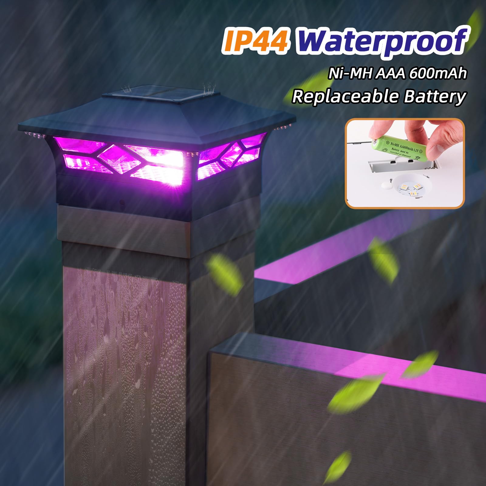 APONUO Solar Post Cap Lights Color Changing,4x4 Post Solar Lights 8 Fixable Colors Deck Post Lights Solar Powered Outdoor for Fence Deck Post Caps 4x4 6x6 Wood&4X4 Vinyl,Black,4 Pack