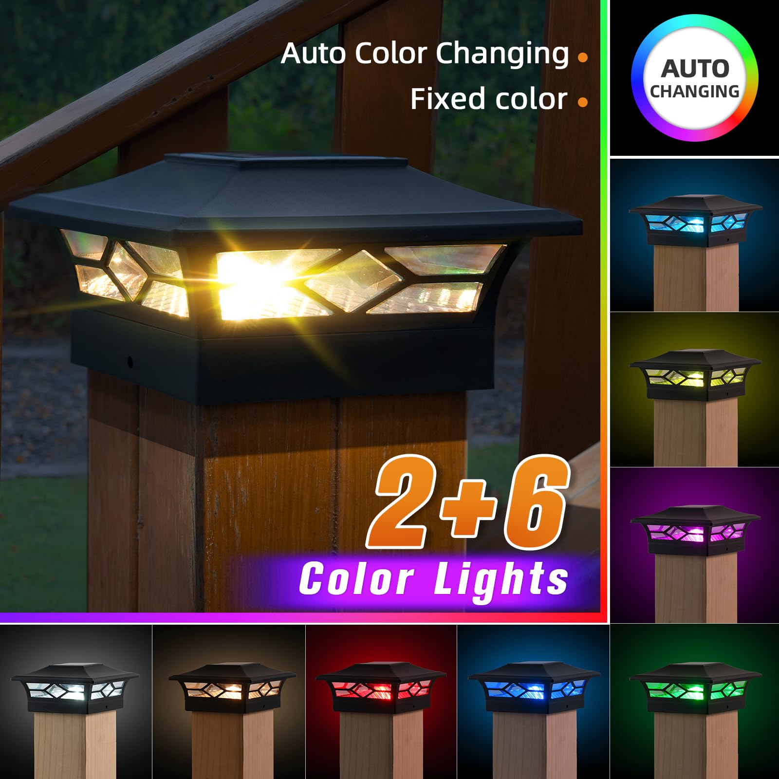 APONUO Solar Post Cap Lights Color Changing,4x4 Post Solar Lights 8 Fixable Colors Deck Post Lights Solar Powered Outdoor for Fence Deck Post Caps 4x4 6x6 Wood&4X4 Vinyl,Black,4 Pack