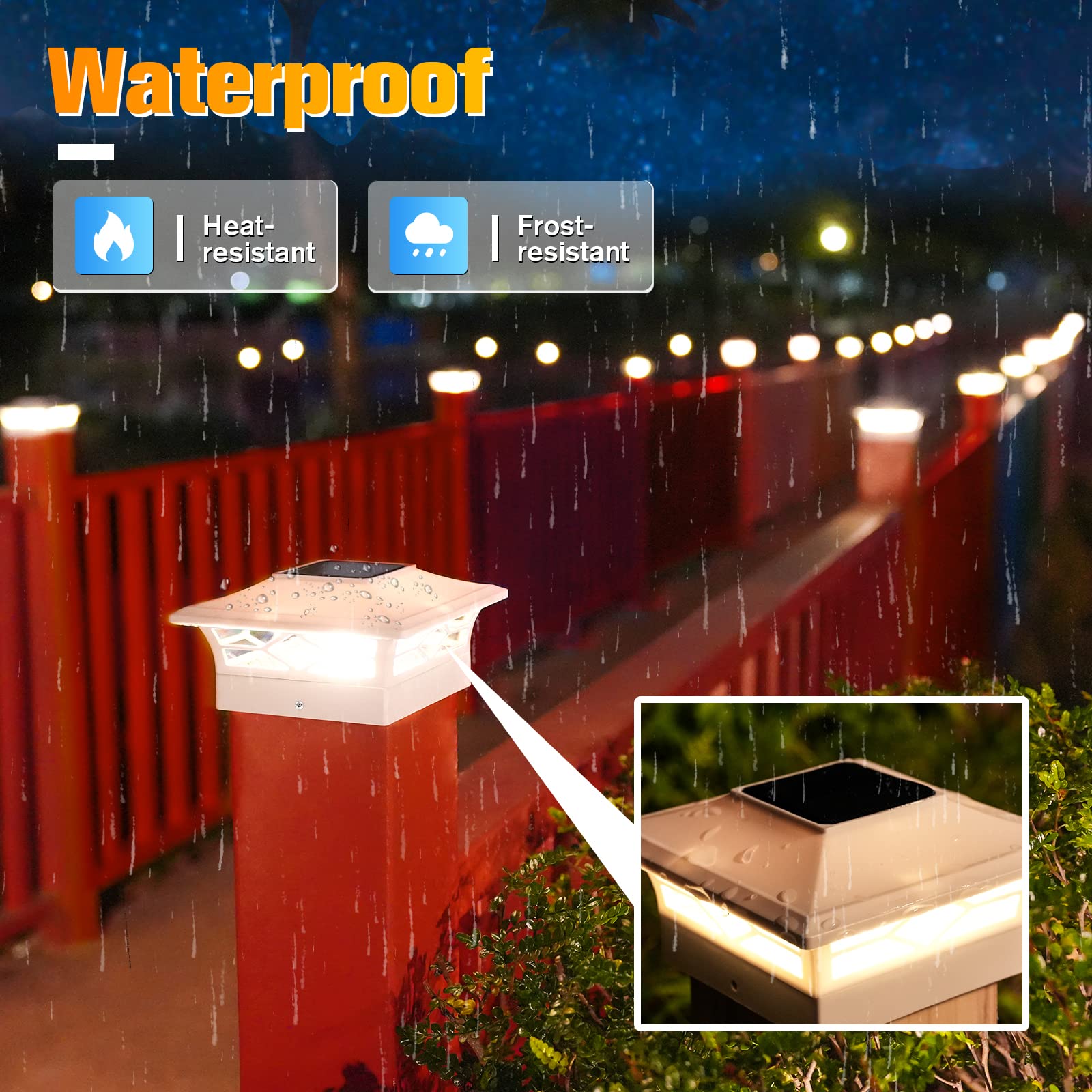 VOLISUN Solar Post Cap Lights: 2 - Pack Outdoor Post Light for White/Black 4x4 Vinyl Fence Deck - Dock 4x4/6x6 Wooden Post 2 Color Modes Waterproof Warm White