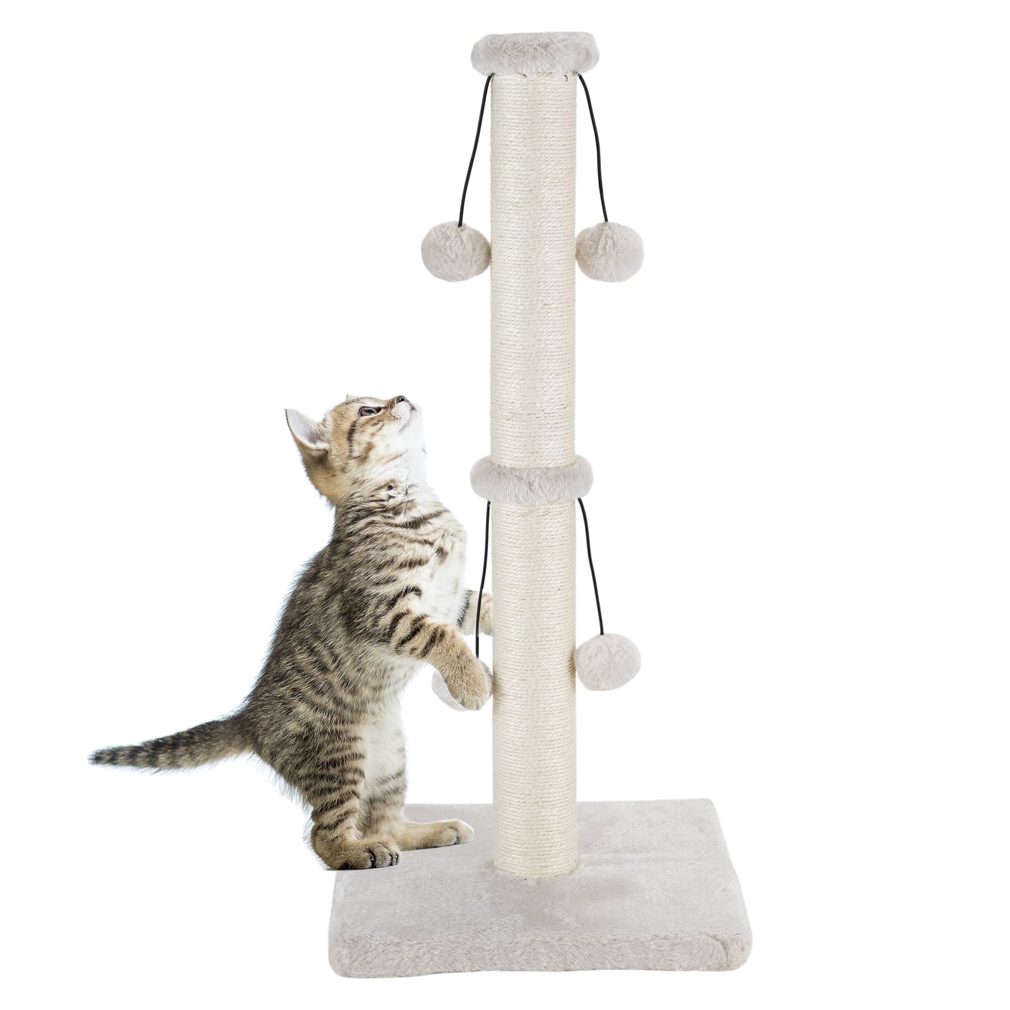 Dimaka Cat Scratching Post, Natural Sisal Rope Claw Scratcher Post with 4 Hanging Toy Balls for Indoor Cats and Kittens (25 inches for Kittens, Beige)