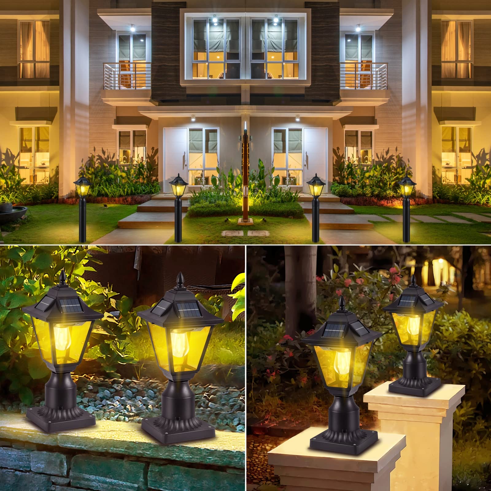 DARIISI Solar Post Light Fixtures 2 Pack, Motion Sensor Solar Lamp Post Lights with Pier Mount Base, Outdoor Waterproof Post Lantern, Black Outdoor Solar Lights for Yard Garden Pathway