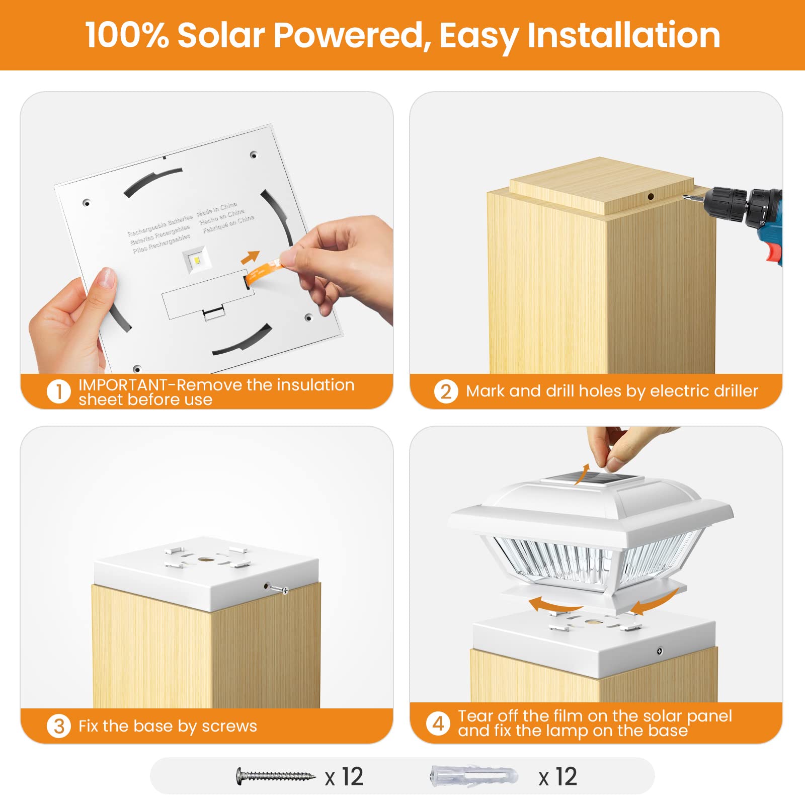 ELECLINK Solar Post Cap Lights 6 Pack, Warm White Solar Outdoor Post Lights, Waterproof Fence Post Cap Lights Solar Powered Fit 3.5x3.5 4x4 4.5x4.5 5x5 5.5x5.5 Post for Garden Fence Deck Yard