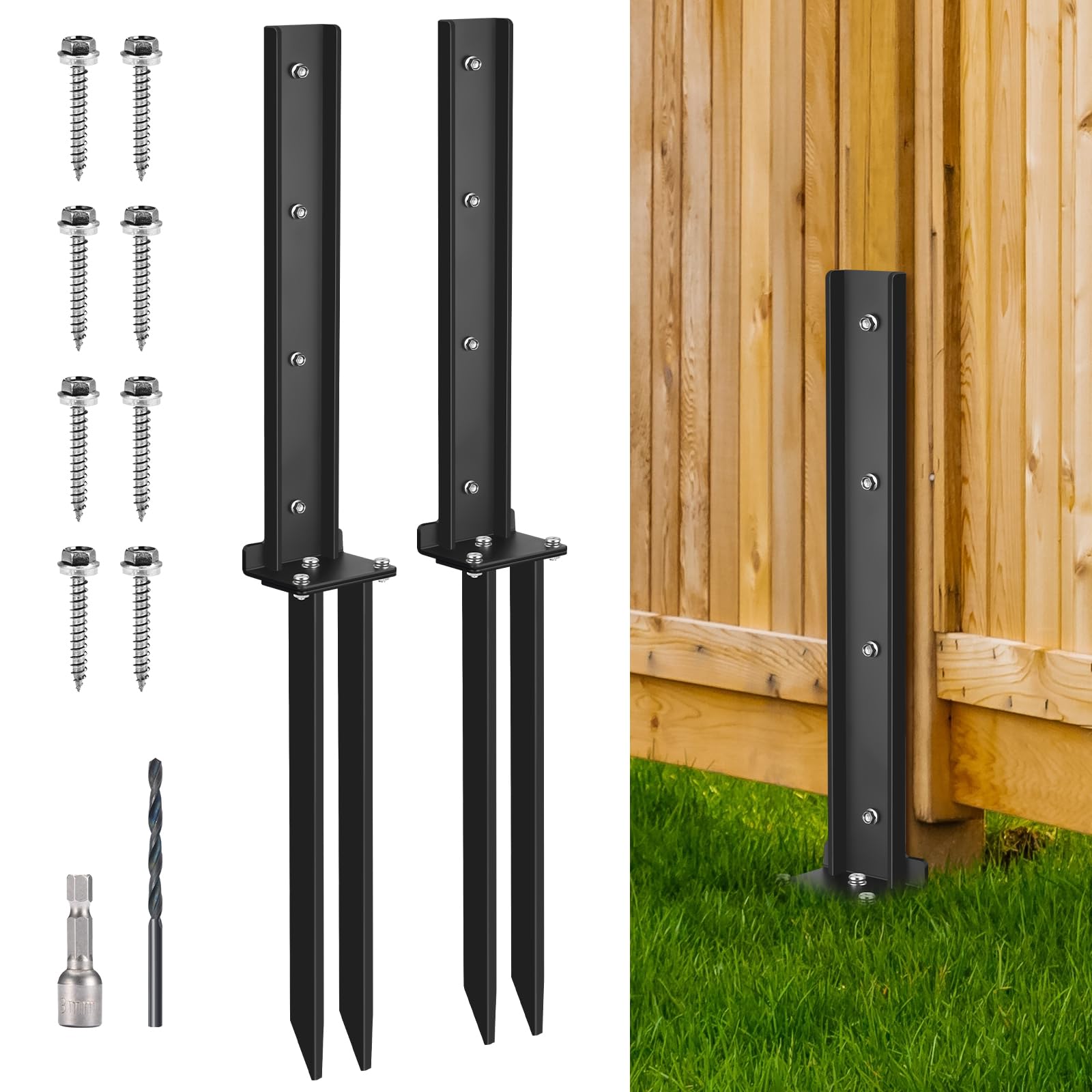 2 Pack Fence Post Anchor Kit, Heavy Duty Steel Fence Post Repair Stakes, Fence Post Anchor Ground Spike for Repairing Tilted Broken Wooden Fence Post, Black