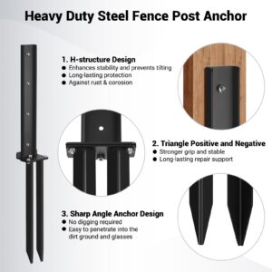 2 Pack Fence Post Anchor Kit, Heavy Duty Steel Fence Post Repair Stakes, Fence Post Anchor Ground Spike for Repairing Tilted Broken Wooden Fence Post, Black