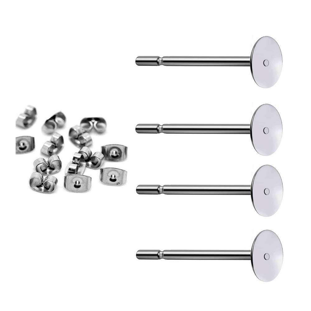 400pcs Hypoallergenic Stainless Steel Earrings Posts Flat Pad Blank Earring Pin Studs with Butterfly Earring Backs for Jewelry Making Findings (4mm)