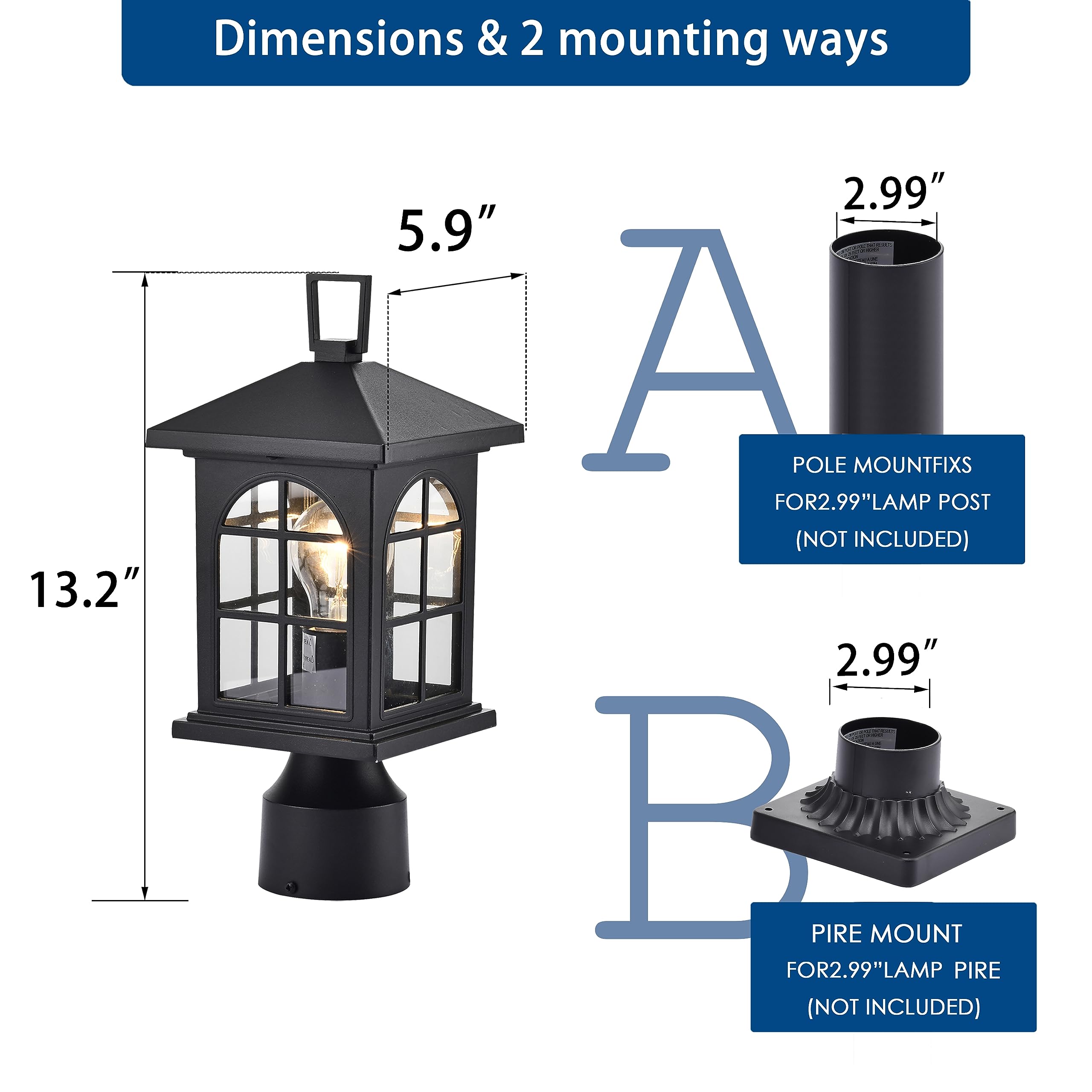 ASHOP Outdoor Post Light Fixtures Black 2 Pack Outdoor Lights for Posts Outdoor Light Post for Yard Post Lantern Light Outdoor Aluminum