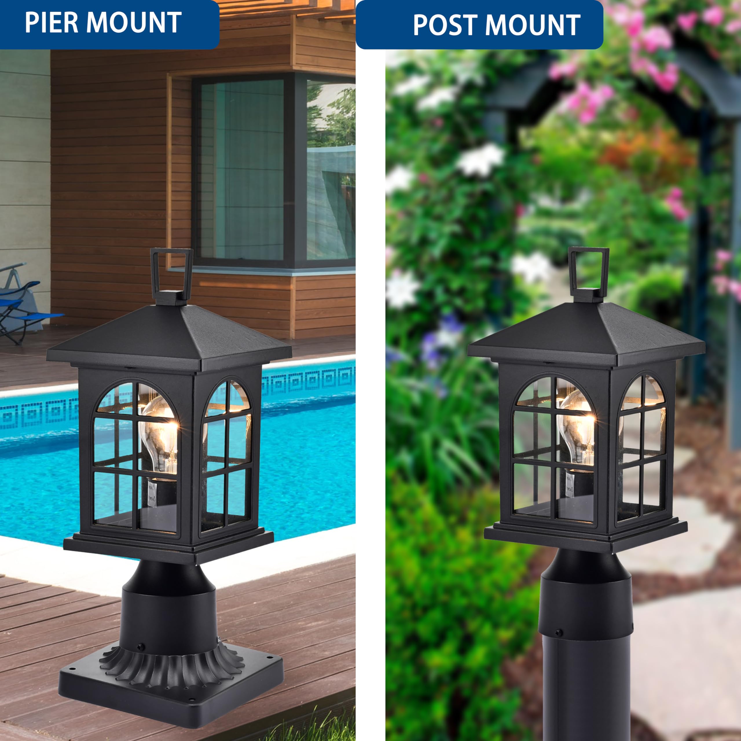 ASHOP Outdoor Post Light Fixtures Black 2 Pack Outdoor Lights for Posts Outdoor Light Post for Yard Post Lantern Light Outdoor Aluminum