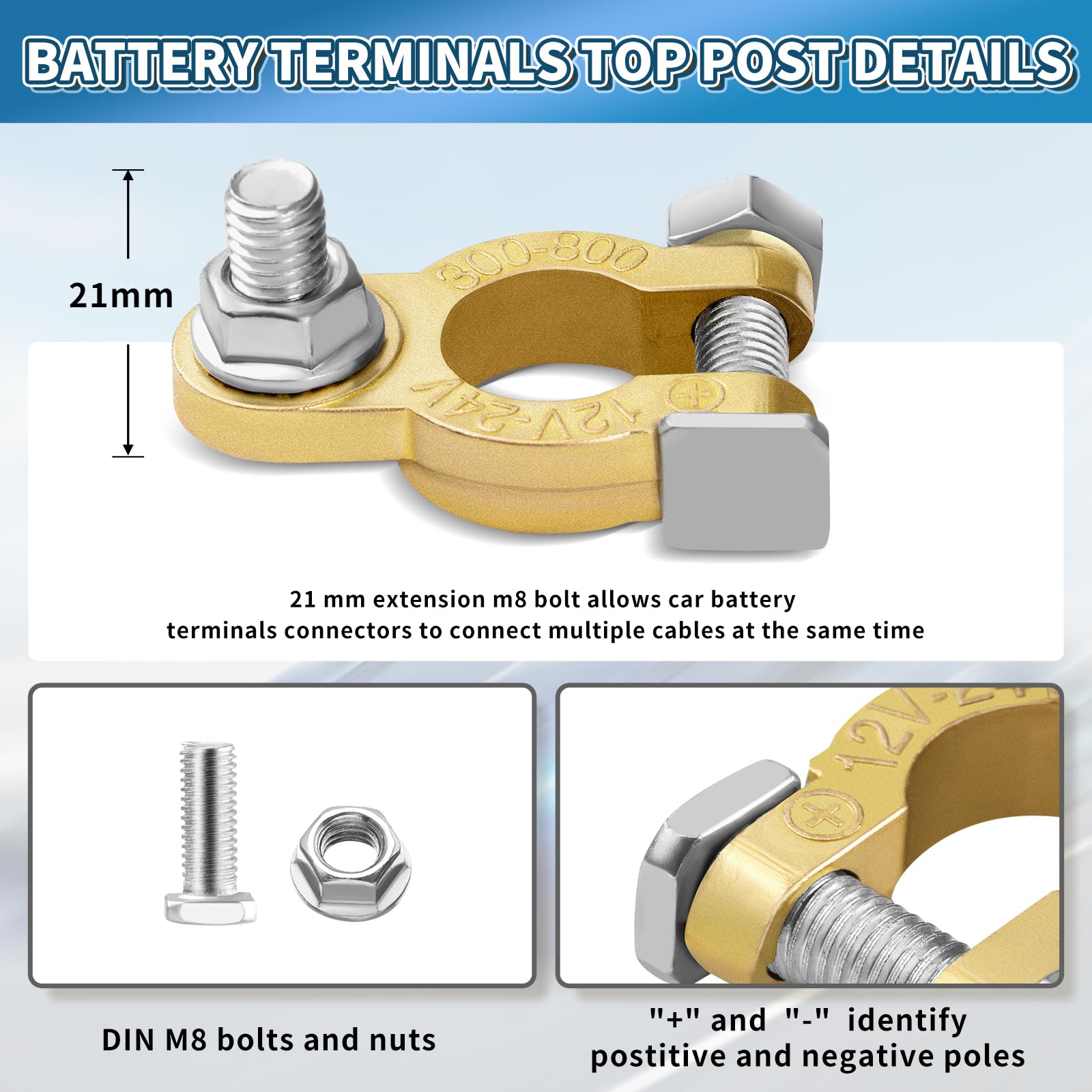 Battery Terminal Connectors 2 Pair, Battery Terminals M8 x 21mm Bolt, Battery Cable Ends Pure Copper with Anti-Corrosion Pad for Car RV Accessories Automotive Car Marine Battery by XIOGZAXI