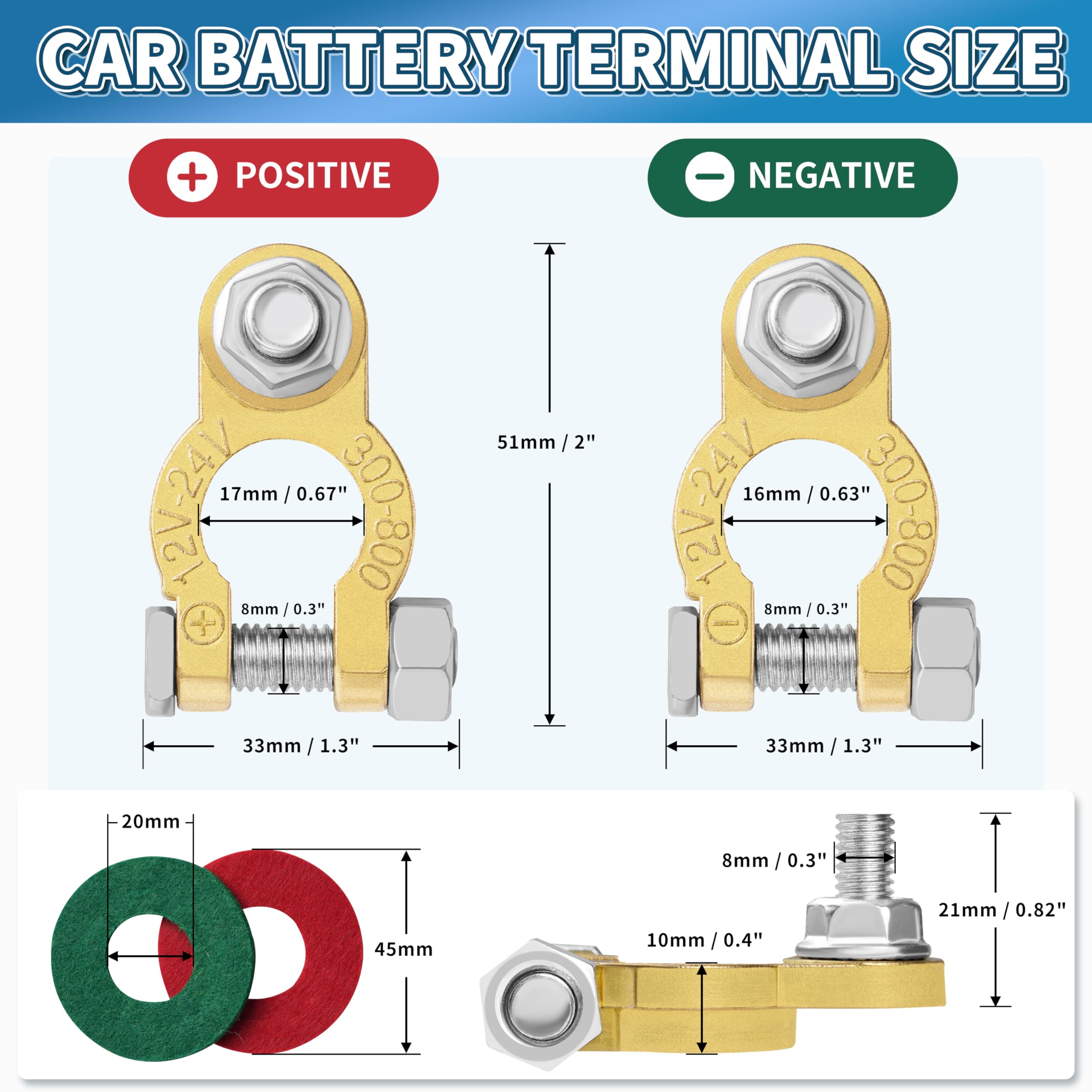 Battery Terminal Connectors 2 Pair, Battery Terminals M8 x 21mm Bolt, Battery Cable Ends Pure Copper with Anti-Corrosion Pad for Car RV Accessories Automotive Car Marine Battery by XIOGZAXI