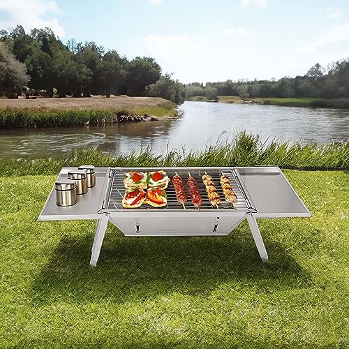Gespann Folding Charcoal Grill Portable BBQ Grill Barbecue Grill for Camping Picnic (Stainless steel-28.7")