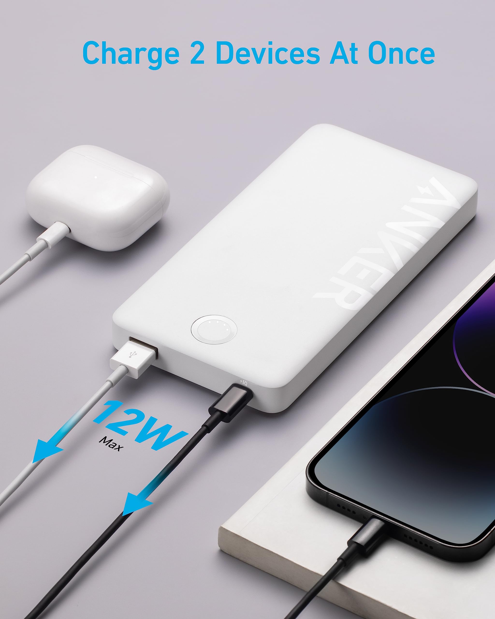 Anker Power Bank, 10,000mAh Portable Charger (PowerCore PIQ), High-Capacity Battery Pack for iPhone 15/15 Plus/15 Pro/15 Pro Max/14/14 Pro/Samsung/Pixel/LG (Cable and Charger Not Included)(White)