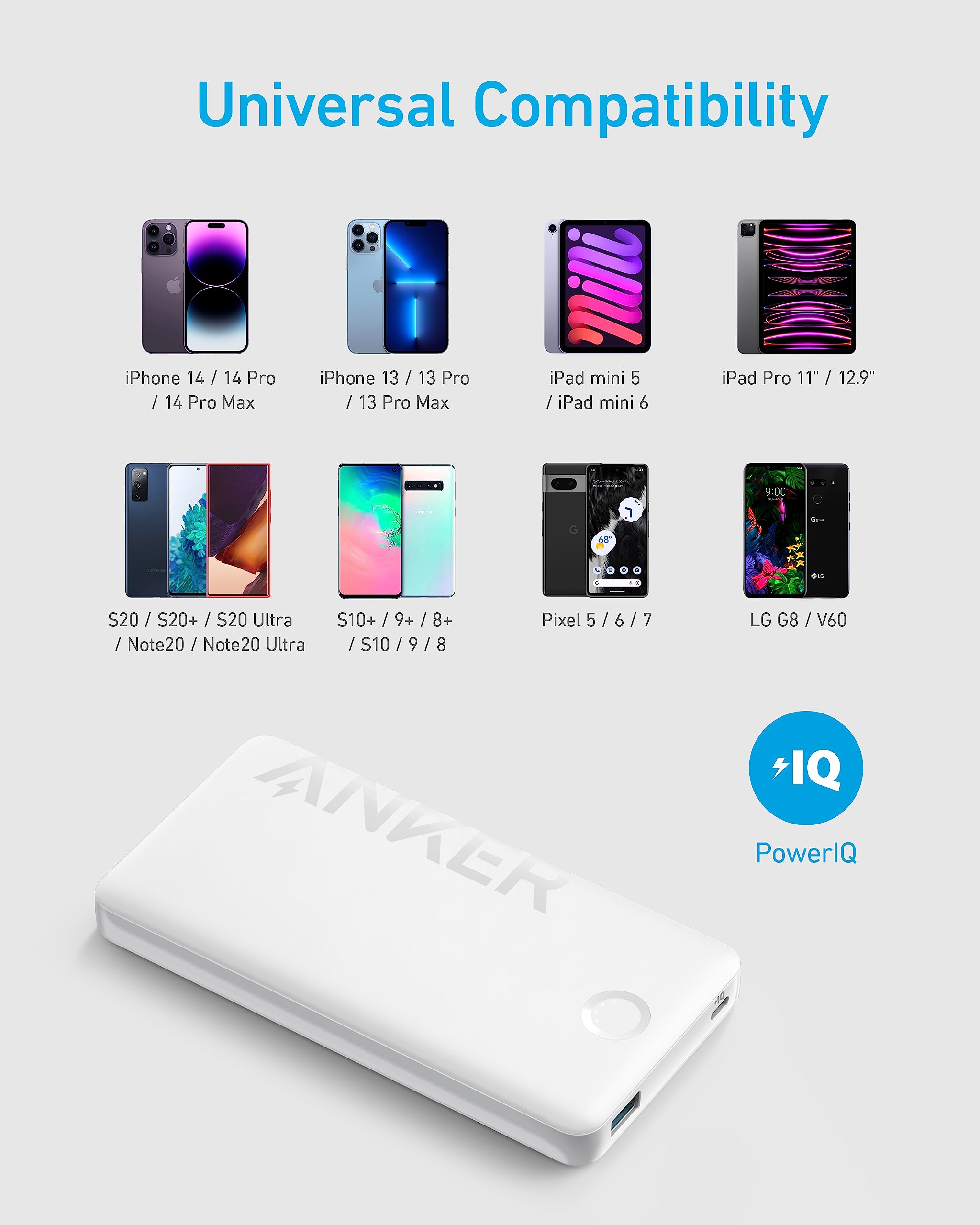Anker Power Bank, 10,000mAh Portable Charger (PowerCore PIQ), High-Capacity Battery Pack for iPhone 15/15 Plus/15 Pro/15 Pro Max/14/14 Pro/Samsung/Pixel/LG (Cable and Charger Not Included)(White)