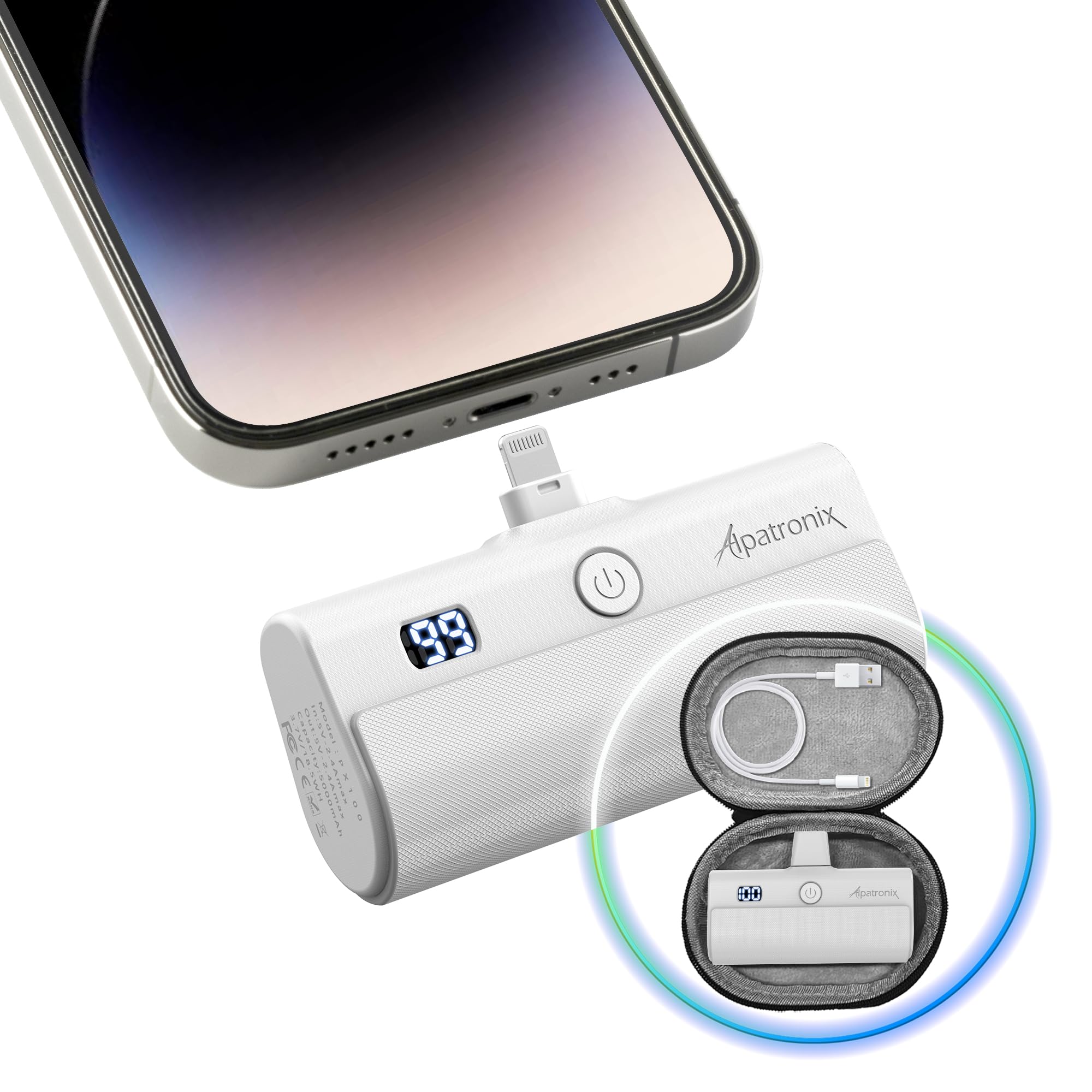 Alpatronix MFi Certified Mini Portable Charger for iPhone 5000mAh LCD Display Fast Charging Power Bank Compatible with All iPhones, AirPods, and iPads with Carrying Case - PX100 (White)