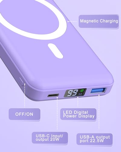 podoru Wireless Portable Charger, 10000mAh Magnetic Power Bank with Type-C Cable LED Display 22.5W PD Fast Charging Lighting Mag-Safe Battery Pack for iPhone 15/14/13/12/Mini/Pro/Pro Max-Purple