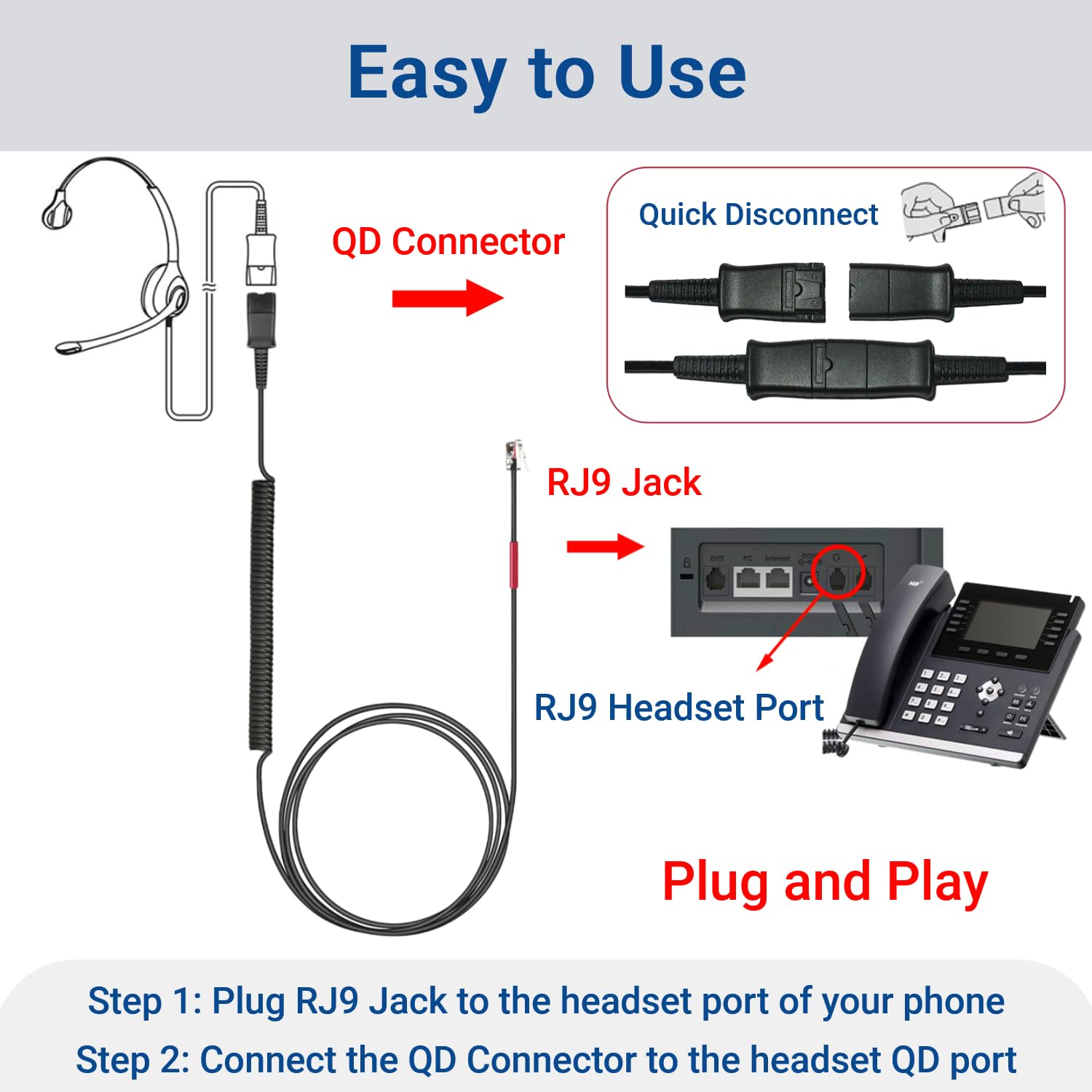 U10P-S Adapter RJ9 to QD HIS Cable for Plantronics Quick Disconnect Headsets Coil Cord Compatible with Yealink T20P T21P T26P T23G T46G T48G T42S T46S Avaya 1608 9608 9611 Panasonic Snom Desk Phones