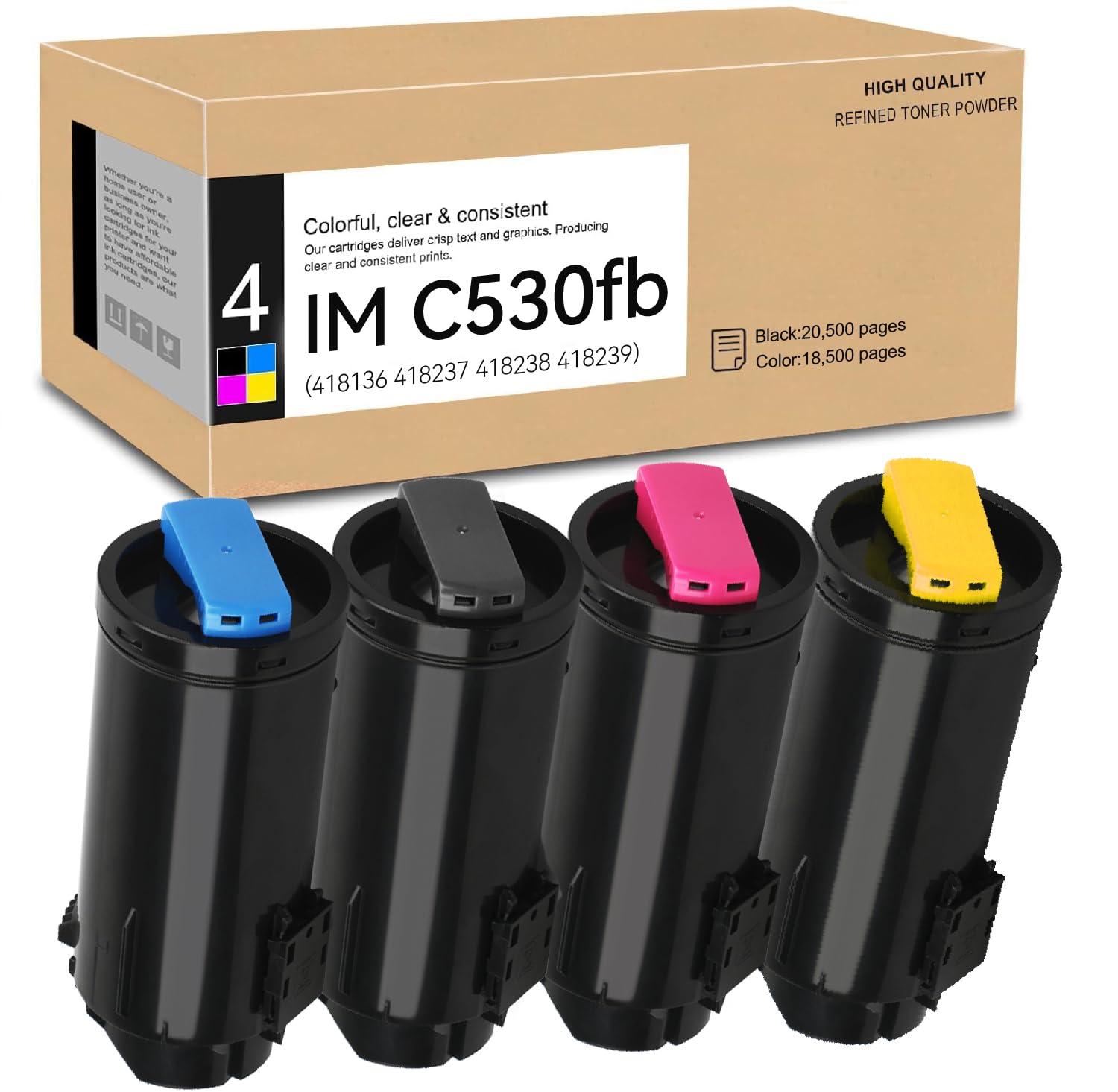 SAIBOYA IM C530fb Toner Cartridge Black Cyan Magenta Yellow Rmanufactured IM C530 Compatible for Ricoh Savin Lanier IM C530 C530fb (418136 418237 418238 418239)