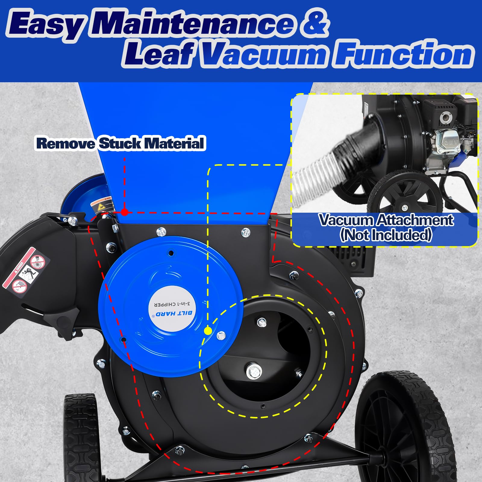 BILT HARD Wood Chipper - 7.5 HP 224cc Gas Powered Shredder Mulcher, 3 in 1 Multi-Function Heavy Duty, 3" Max Wood Diameter Capacity with Collection Bag