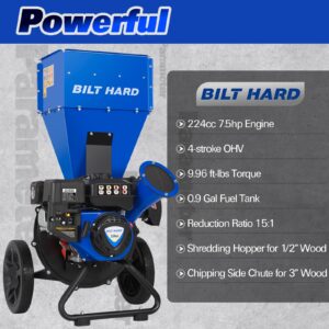 BILT HARD Wood Chipper - 7.5 HP 224cc Gas Powered Shredder Mulcher, 3 in 1 Multi-Function Heavy Duty, 3" Max Wood Diameter Capacity with Collection Bag