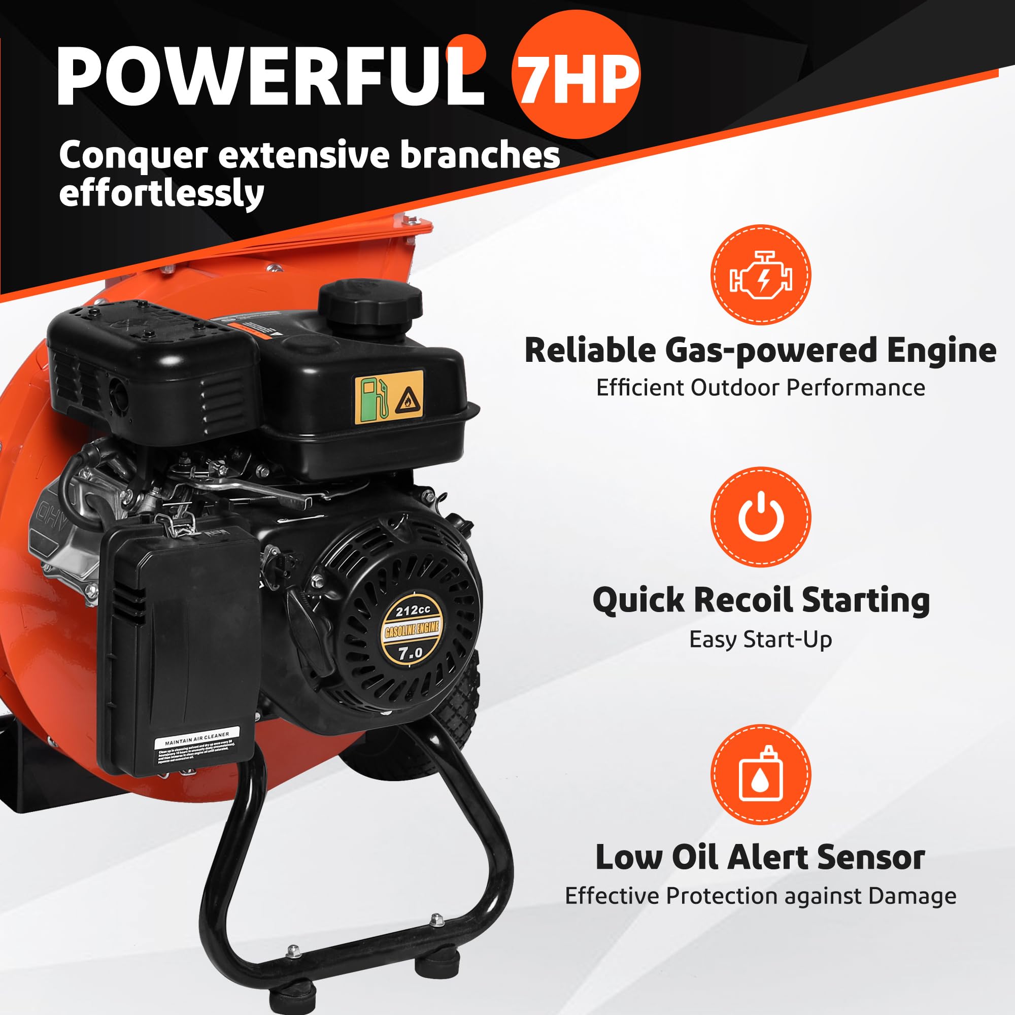 EFCUT Wood Chipper Shredder Mulcher Heavy Duty 7HP Gas Powered 3 in 1 Multi-Function 3" Inch Max Wood Diameter Capacity