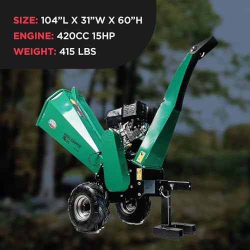 All Power APWC420 Woodchipper Mulcher 15HP JD Engine 420cc Gas Powered Chipper Shredder 2000 RPM Double Edge Blades 6" Feed