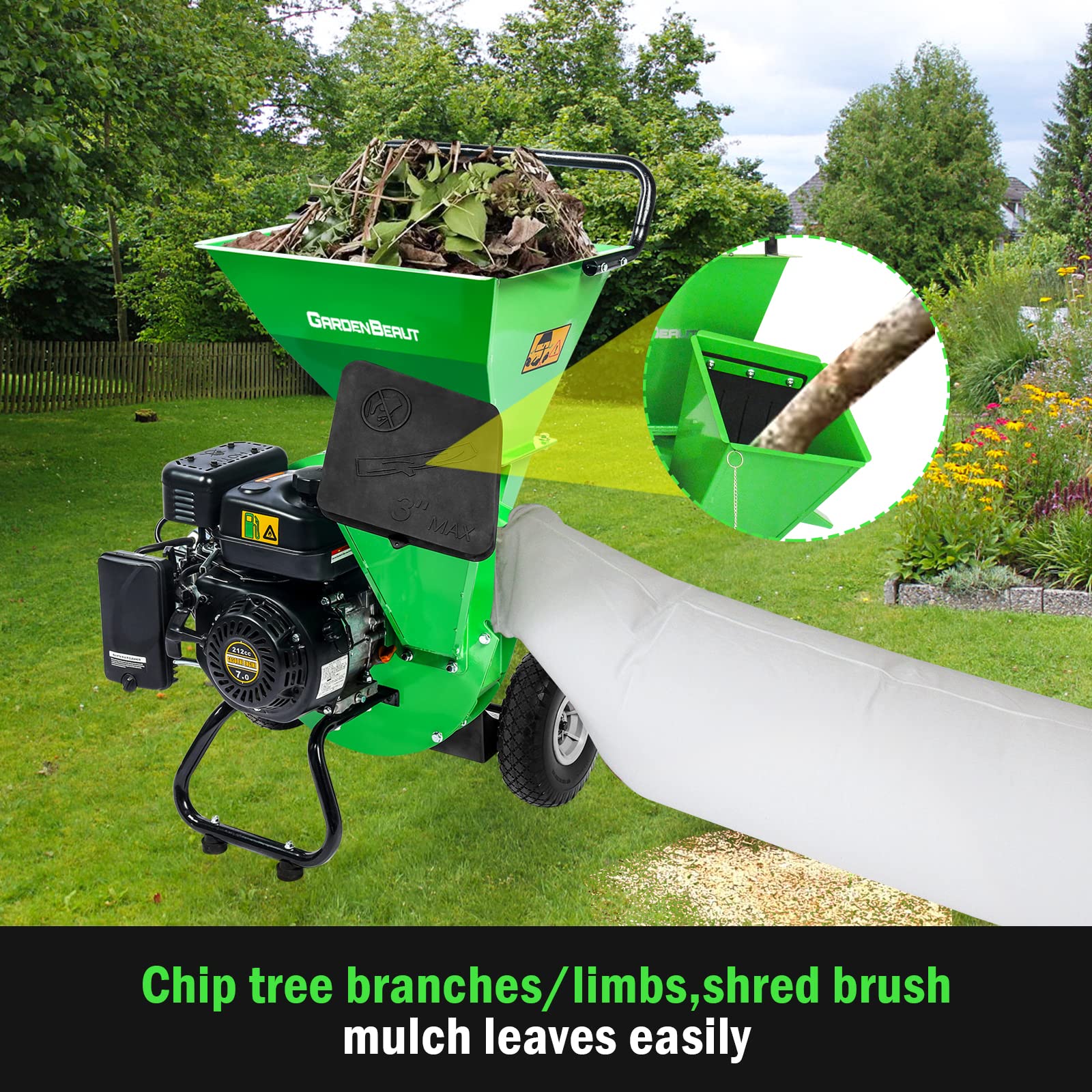 GARDENBEAUT Wood Chipper,Heavy Duty Chipper Shredder MF30 for Wood, Limb,Palm,Leaves/Easy Assemble Gas Powered Chipper Shredder Mulcher Max 3 Inch Wood Diameter Capacity with Two Hoppers,4 Y-hammers