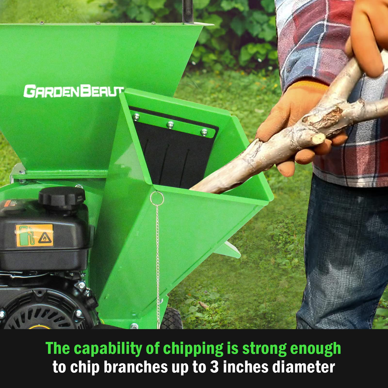 GARDENBEAUT Wood Chipper,Heavy Duty Chipper Shredder MF30 for Wood, Limb,Palm,Leaves/Easy Assemble Gas Powered Chipper Shredder Mulcher Max 3 Inch Wood Diameter Capacity with Two Hoppers,4 Y-hammers