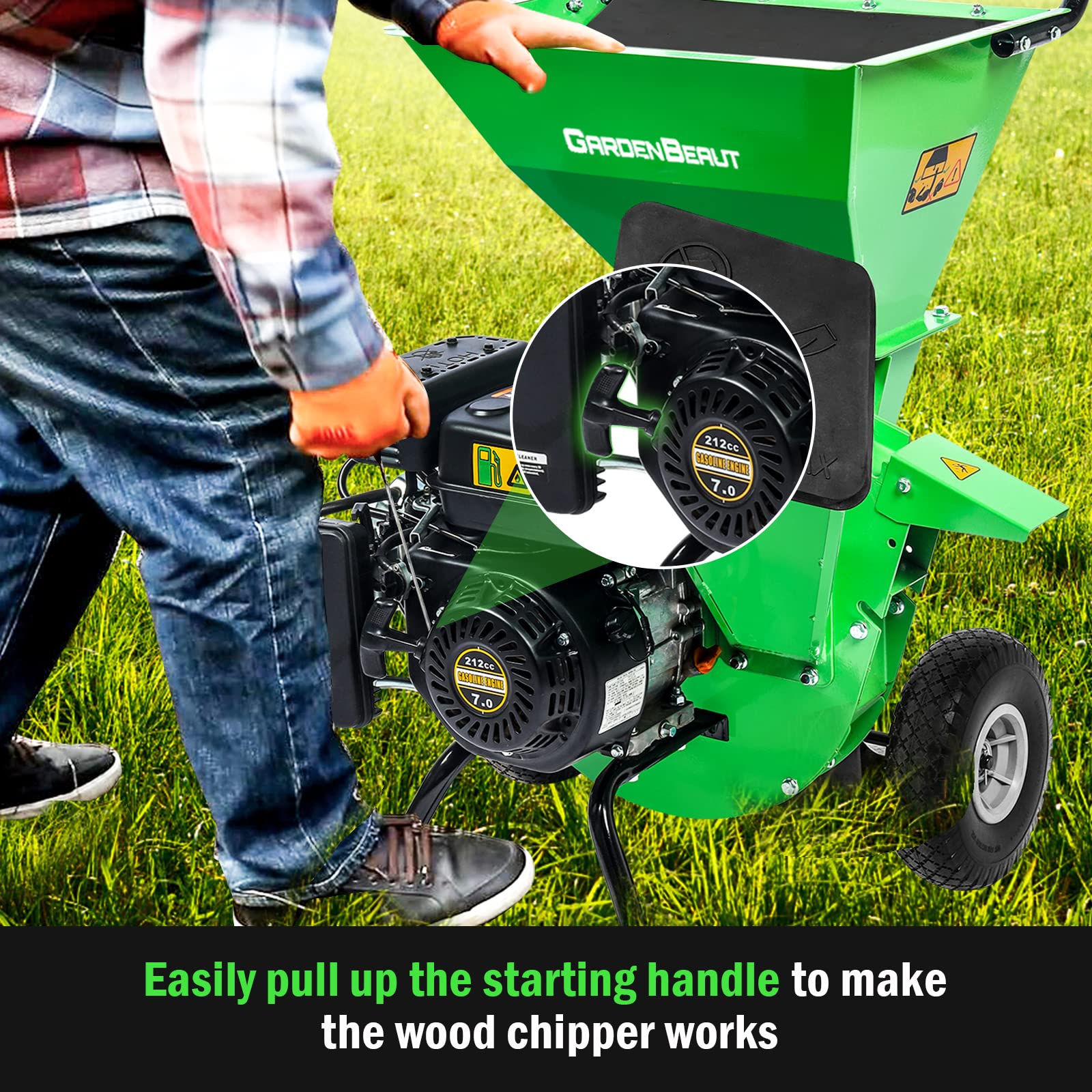 GARDENBEAUT Wood Chipper,Heavy Duty Chipper Shredder MF30 for Wood, Limb,Palm,Leaves/Easy Assemble Gas Powered Chipper Shredder Mulcher Max 3 Inch Wood Diameter Capacity with Two Hoppers,4 Y-hammers