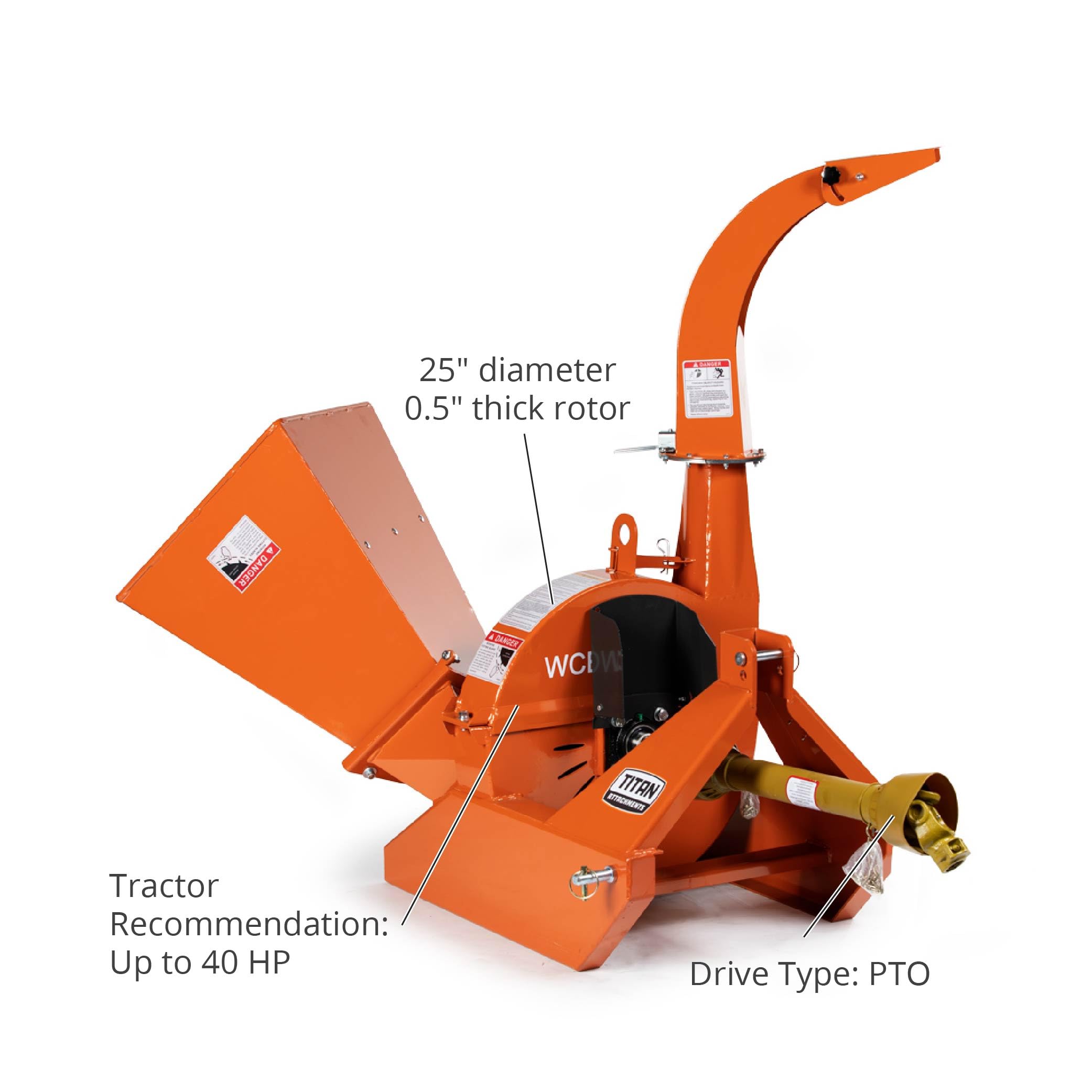 Titan Attachments 3 Point PTO Driven 4"x 10" Wood Chipper Shredder Mulcher, Adjustable Exit Chute, Up to 40HP, 25" Rotor, Easy to Mount, Accepts Entire Trees